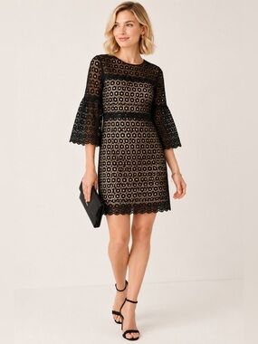 J.Crew Daisy Lace Bell Sleeve Black Nude Floral Guipure Sheath Dress Size 6